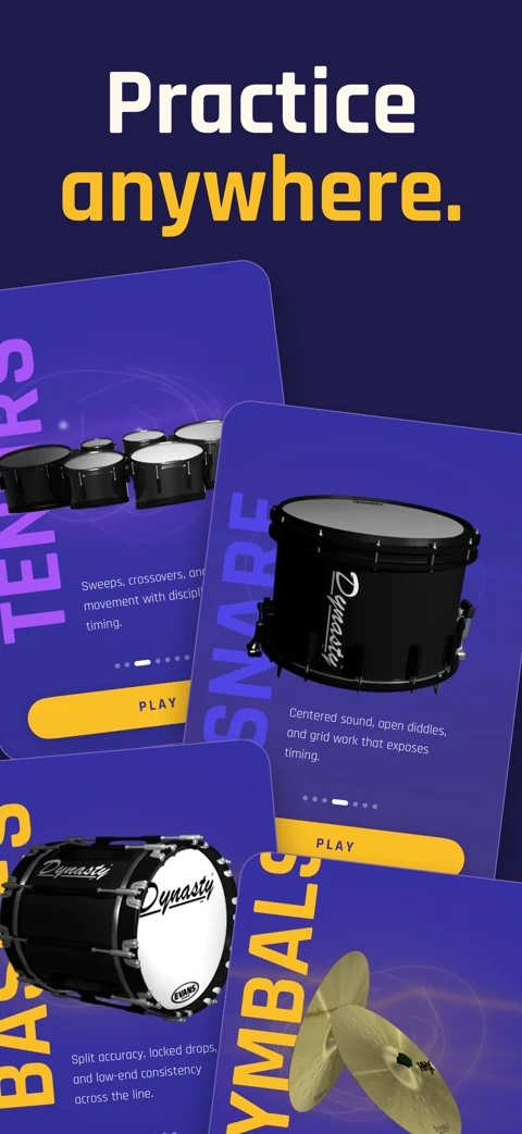 Drumline App Store screenshot showing snare, tenors, basses, and cymbals