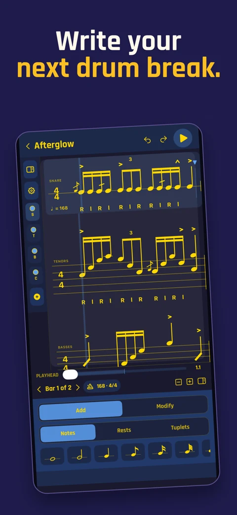 Drumline App Store screenshot showing the Write Notation score editor