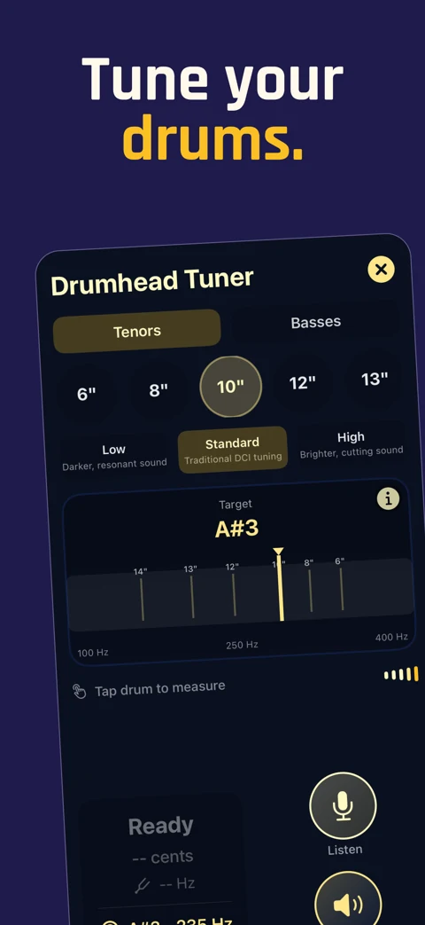 Drumline App Store screenshot showing the marching drumhead tuner